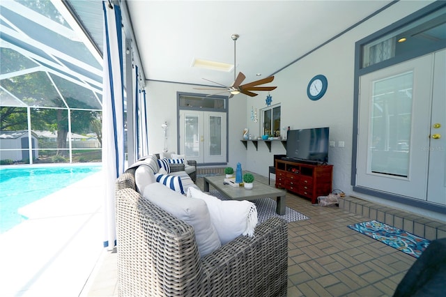 8760 Plantation Ridge Blvd, Lakeland, FL 33809 - view of patio featuring outdoor lounge area, a ceiling fan, french doors, an outdoor pool, and a lanai