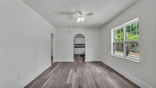 725 Ave B SW, Winter Haven, FL 33880 - spare room featuring wood finished floors, arched walkways, a ceiling fan, and baseboards