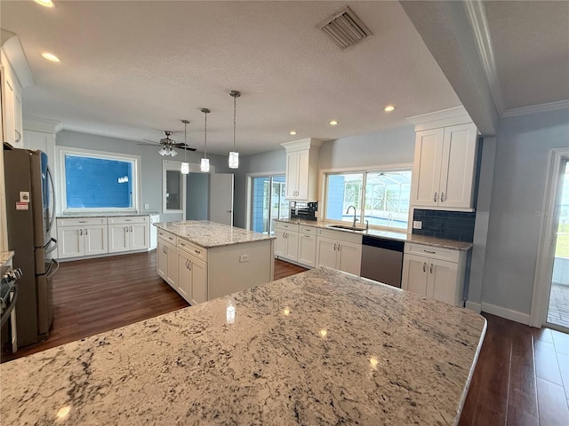1328 Edgewater Beach Dr, Lakeland, FL 33805 - kitchen featuring appliances with stainless steel finishes, a sink, dark wood-type flooring, a center island, and white cabinetry