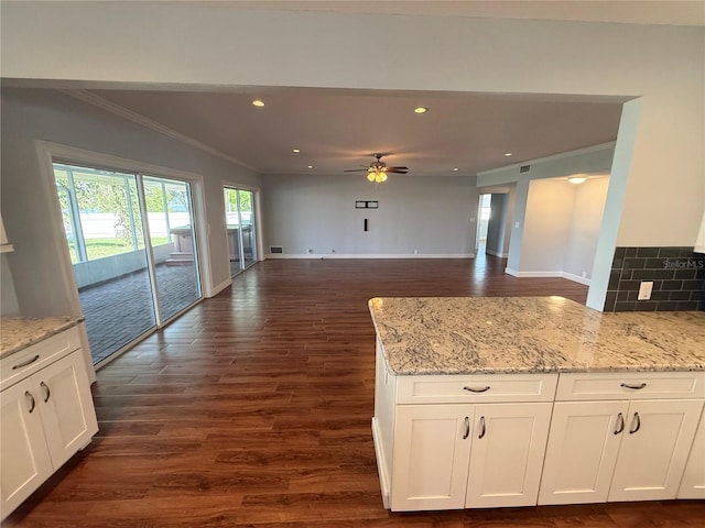 1328 Edgewater Beach Dr, Lakeland, FL 33805 - kitchen with crown molding, a ceiling fan, recessed lighting, light stone counters, and white cabinetry