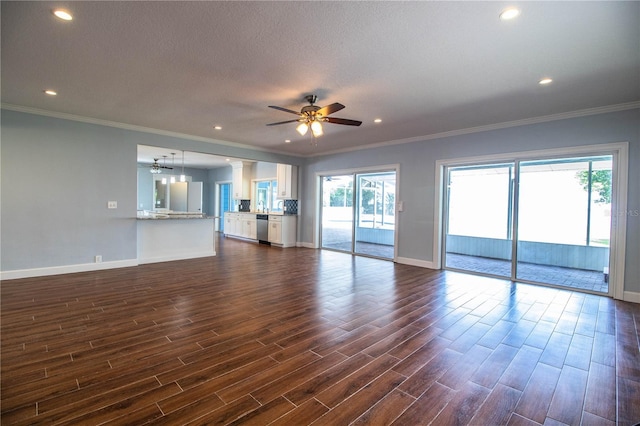 1328 Edgewater Beach Dr, Lakeland, FL 33805 - unfurnished living room featuring ceiling fan, dark wood-type flooring, crown molding, and recessed lighting