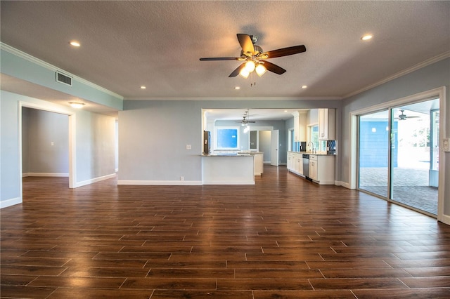 1328 Edgewater Beach Dr, Lakeland, FL 33805 - unfurnished living room featuring dark wood-style flooring, a ceiling fan, crown molding, a textured ceiling, and recessed lighting