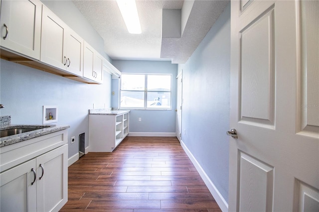 1328 Edgewater Beach Dr, Lakeland, FL 33805 - washroom with electric dryer hookup, dark wood finished floors, washer hookup, cabinet space, and a textured ceiling