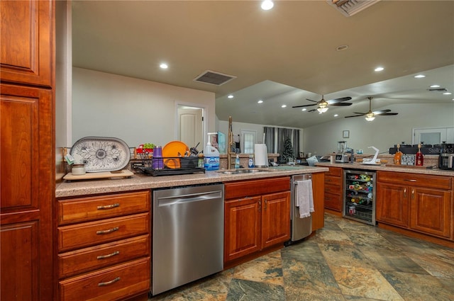 2219 New Jersey Rd, Lakeland, FL 33803 - kitchen featuring dishwasher, beverage cooler, dark stone finish flooring, recessed lighting, and a ceiling fan