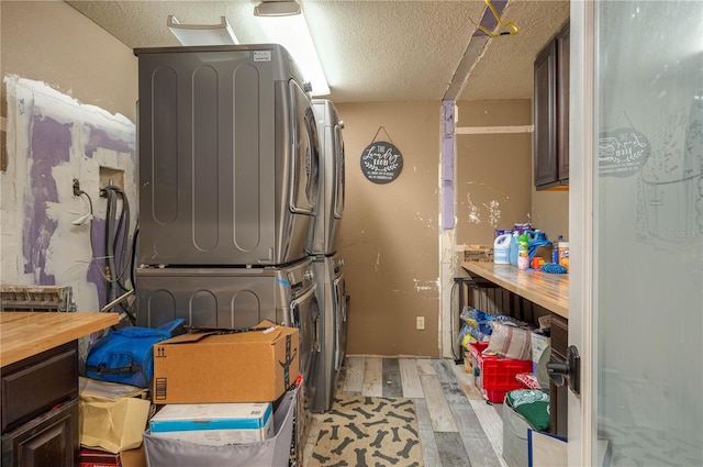 2219 New Jersey Rd, Lakeland, FL 33803 - clothes washing area with estacked washer and dryer, light wood-style floors, and a textured ceiling