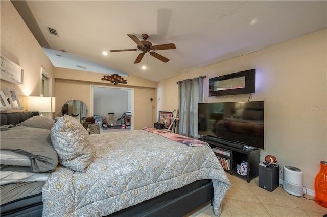 2219 New Jersey Rd, Lakeland, FL 33803 - bedroom featuring lofted ceiling, light tile patterned floors, recessed lighting, a ceiling fan, and baseboards