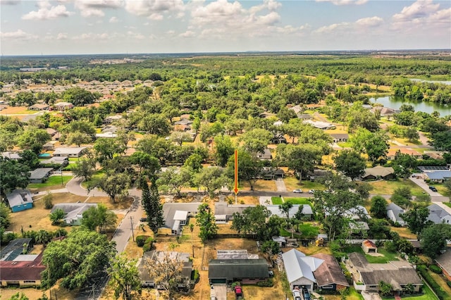 aerial view of residential area featuring a nearby body of water and a forest