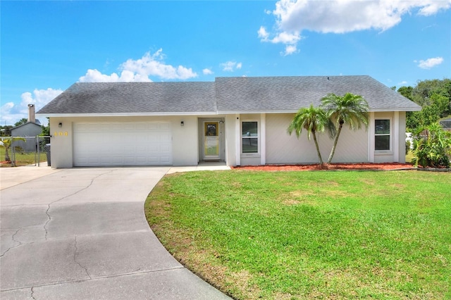 ranch-style house featuring an attached garage, driveway, stucco siding, and a shingled roof
