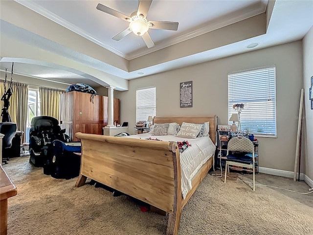 3620 Cordgrass Dr, Valrico, FL 33596 - bedroom featuring carpet, ornate columns, ornamental molding, multiple windows, and baseboards