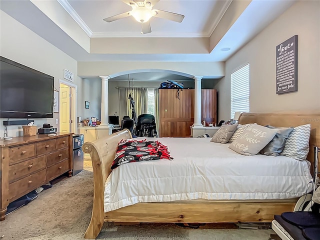 3620 Cordgrass Dr, Valrico, FL 33596 - bedroom with decorative columns, arched walkways, ornamental molding, a raised ceiling, and ceiling fan