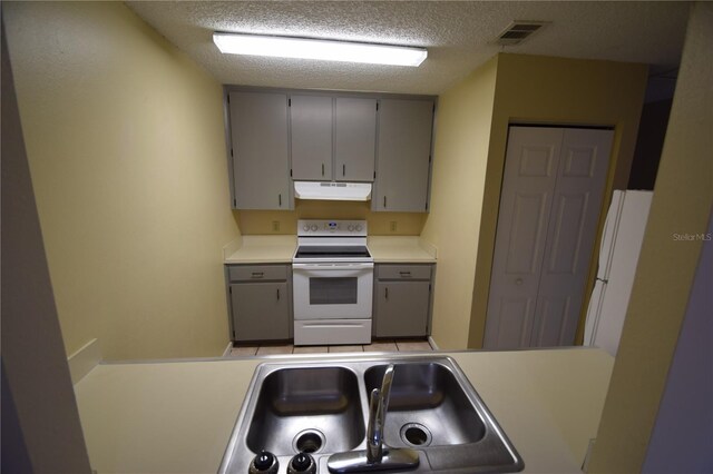 6054-6066 Hilltop Ln W, Lakeland, FL 33809 - kitchen with white appliances, under cabinet range hood, gray cabinets, light countertops, and a textured ceiling
