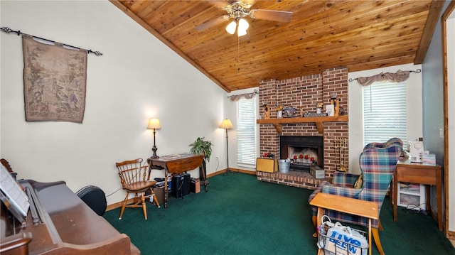 417 Yolonda Ct, Lakeland, FL 33809 - living area with wood ceiling, vaulted ceiling, a brick fireplace, carpet floors, and a ceiling fan
