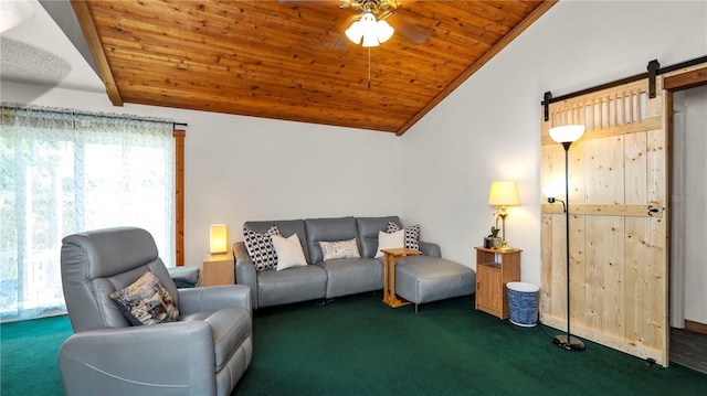 417 Yolonda Ct, Lakeland, FL 33809 - carpeted living area with lofted ceiling, wooden ceiling, ceiling fan, and a barn door