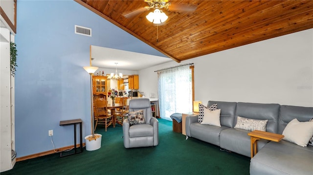 417 Yolonda Ct, Lakeland, FL 33809 - carpeted living area with wooden ceiling, a chandelier, ceiling fan, and high vaulted ceiling