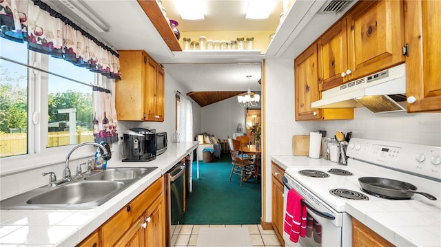 417 Yolonda Ct, Lakeland, FL 33809 - kitchen with electric stove, under cabinet range hood, a sink, and tile countertops