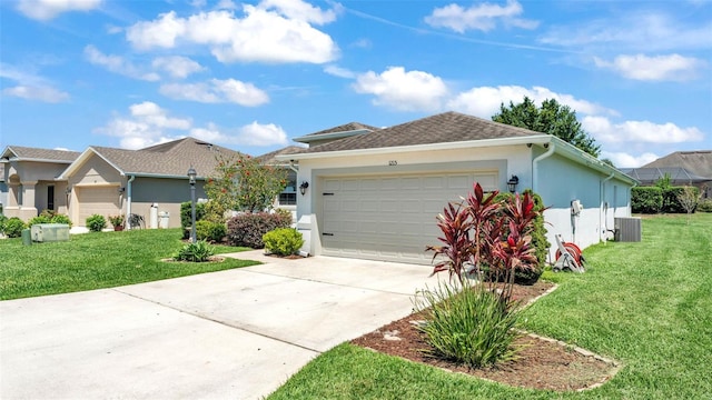 single story home featuring stucco siding, cooling unit, a garage, concrete driveway, and a front lawn