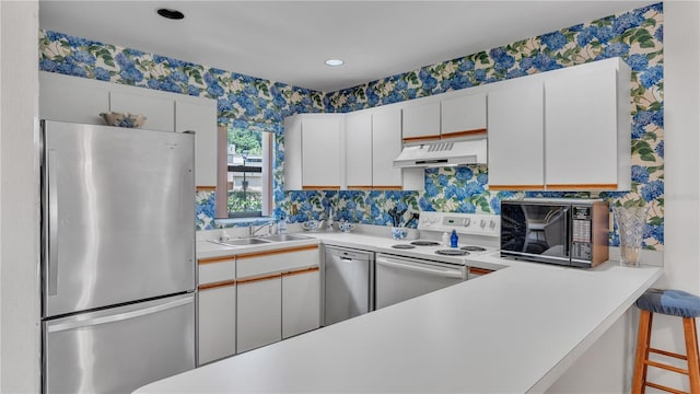 30 Aspen Dr Unit 30, Haines City, FL 33844 - kitchen featuring stainless steel appliances, under cabinet range hood, wallpapered walls, a sink, and light countertops