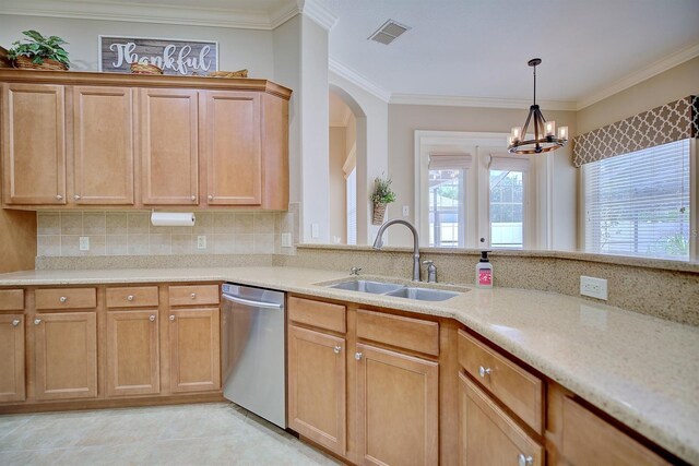 2032 Indian Sky Cir, Lakeland, FL 33813 - kitchen with dishwasher, a sink, backsplash, crown molding, and a chandelier