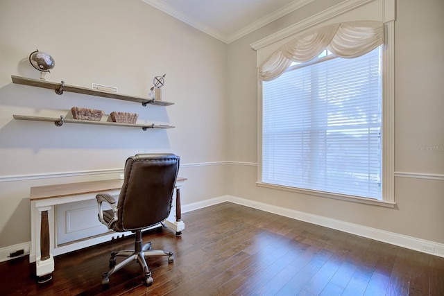 2032 Indian Sky Cir, Lakeland, FL 33813 - home office featuring ornamental molding, healthy amount of natural light, wood finished floors, and baseboards