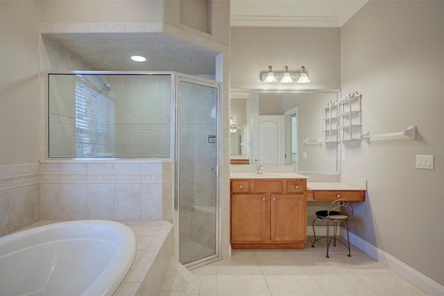 2032 Indian Sky Cir, Lakeland, FL 33813 - full bath featuring tile patterned floors, a shower stall, a garden tub, ornamental molding, and vanity