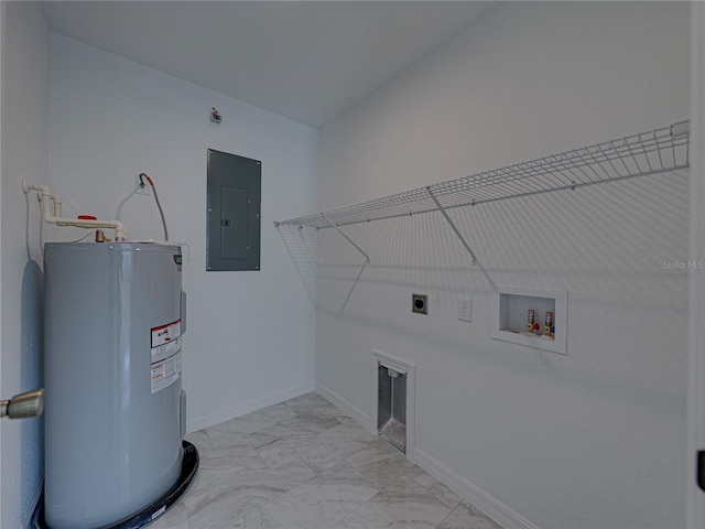 1415 Southern Ave, Lakeland, FL 33803 - clothes washing area with electric water heater, electric panel, electric dryer hookup, washer hookup, and light marble finish flooring