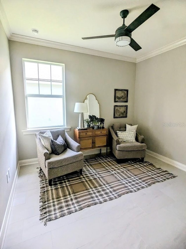 7919 Lake James Blvd, Lakeland, FL 33810 - living area with crown molding, ceiling fan, and baseboards