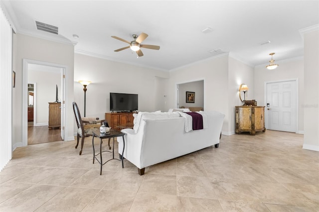 3136 Langdon Ln, Winter Haven, FL 33884 - living room featuring a ceiling fan, crown molding, light tile patterned flooring, and baseboards