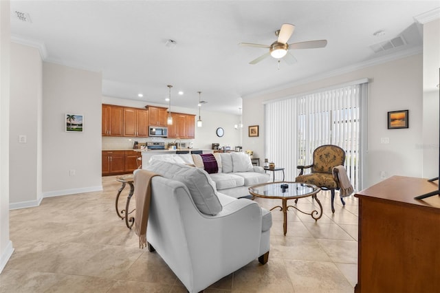 3136 Langdon Ln, Winter Haven, FL 33884 - living room with a ceiling fan, ornamental molding, baseboards, recessed lighting, and light tile patterned floors