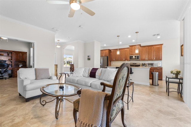 3136 Langdon Ln, Winter Haven, FL 33884 - living room featuring arched walkways, a ceiling fan, ornamental molding, light tile patterned flooring, and recessed lighting