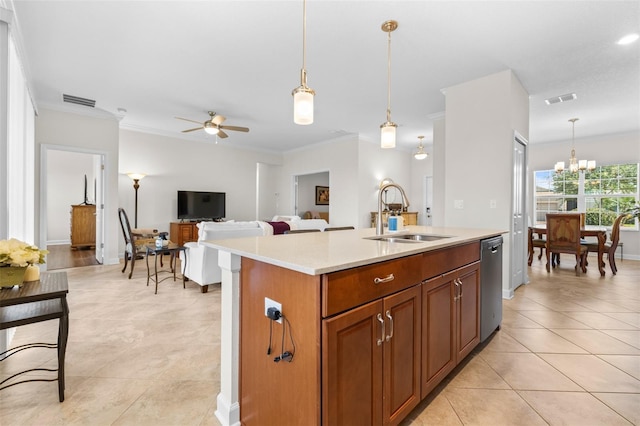3136 Langdon Ln, Winter Haven, FL 33884 - kitchen with a sink, dishwasher, light countertops, ornamental molding, and ceiling fan