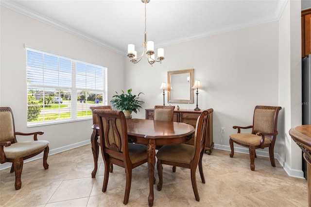 3136 Langdon Ln, Winter Haven, FL 33884 - dining room with ornamental molding, a chandelier, baseboards, and light tile patterned floors