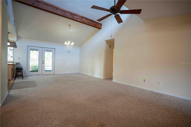 1920 Indian Trails Ct, Lakeland, FL 33813 - unfurnished living room featuring beam ceiling, light colored carpet, ceiling fan, a chandelier, and baseboards
