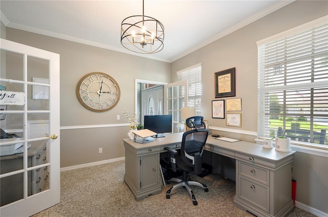 5425 Charlin Ave, Lakeland, FL 33810 - office area with a chandelier, ornamental molding, light carpet, and baseboards