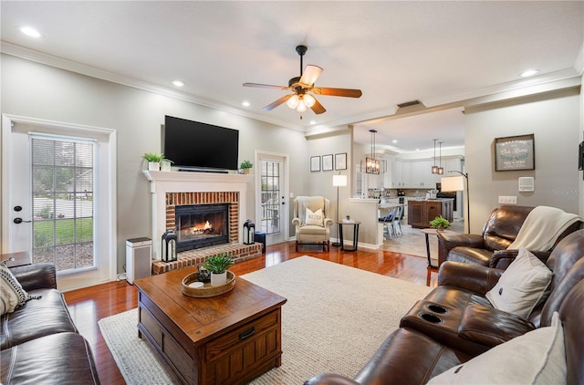 5425 Charlin Ave, Lakeland, FL 33810 - living room with plenty of natural light, a ceiling fan, ornamental molding, a fireplace, and wood finished floors
