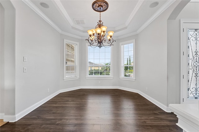 6542 Eagle Ridge Way, Lakeland, FL 33813 - unfurnished dining area featuring arched walkways, a chandelier, a tray ceiling, dark wood-style floors, and baseboards