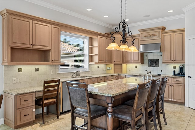 6542 Eagle Ridge Way, Lakeland, FL 33813 - kitchen with open shelves, a center island, light tile patterned floors, a sink, and wall chimney exhaust hood