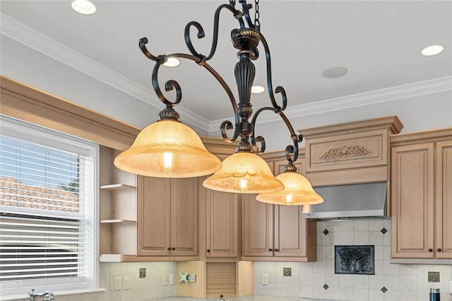 6542 Eagle Ridge Way, Lakeland, FL 33813 - detailed view of crown molding, tasteful backsplash, open shelves, wall chimney exhaust hood, and pendant lighting