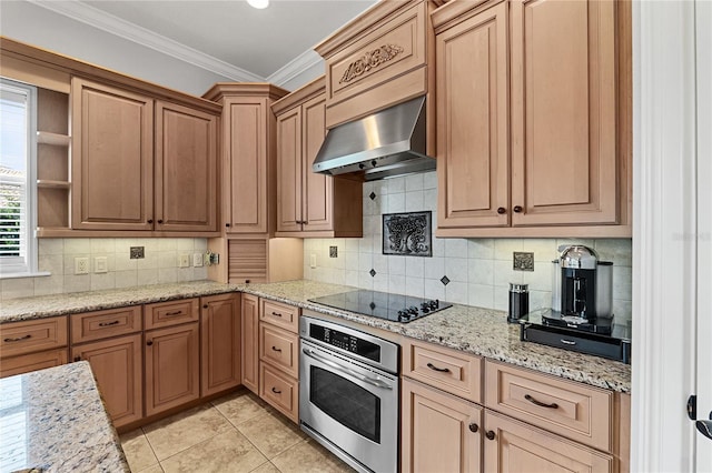 6542 Eagle Ridge Way, Lakeland, FL 33813 - kitchen with stainless steel oven, ventilation hood, black electric cooktop, crown molding, and decorative backsplash