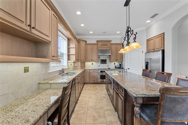 6542 Eagle Ridge Way, Lakeland, FL 33813 - kitchen featuring open shelves, a sink, appliances with stainless steel finishes, wall chimney range hood, and decorative backsplash