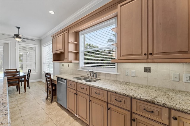 6542 Eagle Ridge Way, Lakeland, FL 33813 - kitchen with a sink, dishwasher, baseboards, ornamental molding, and open shelves