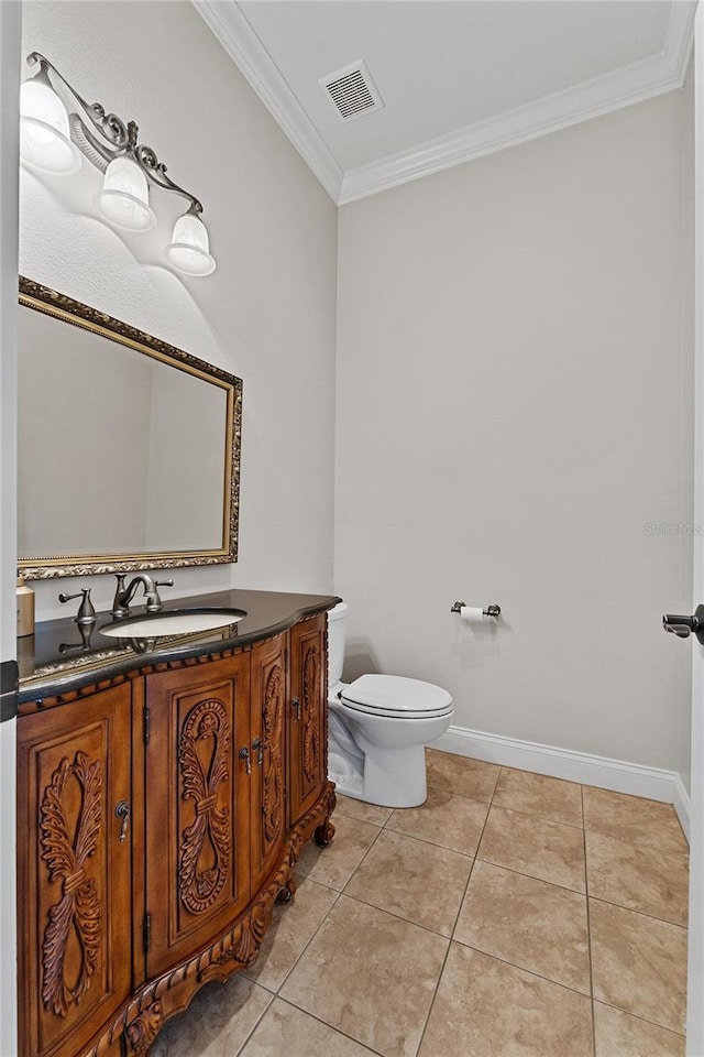 6542 Eagle Ridge Way, Lakeland, FL 33813 - half bathroom with crown molding, toilet, vanity, tile patterned flooring, and baseboards