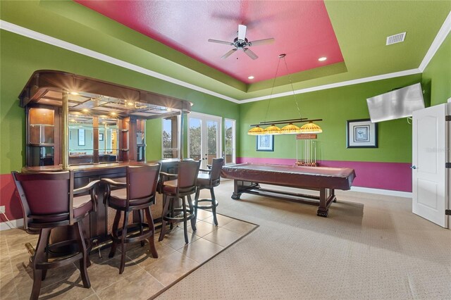 6542 Eagle Ridge Way, Lakeland, FL 33813 - playroom featuring a raised ceiling, billiards, a ceiling fan, baseboards, and recessed lighting