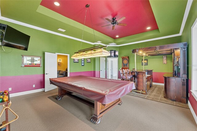 6542 Eagle Ridge Way, Lakeland, FL 33813 - game room featuring a raised ceiling, carpet, pool table, a ceiling fan, and recessed lighting
