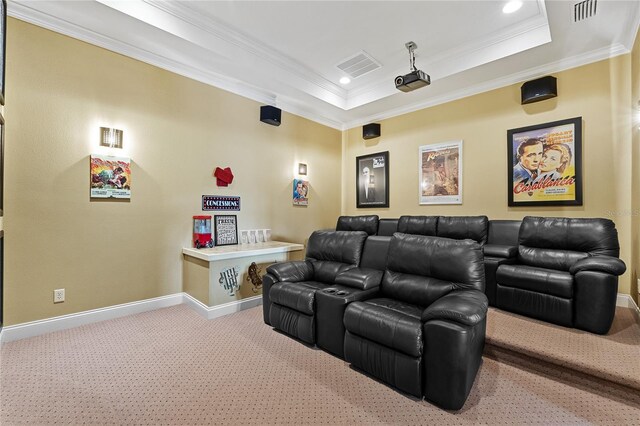 6542 Eagle Ridge Way, Lakeland, FL 33813 - home theater featuring carpet, ornamental molding, recessed lighting, baseboards, and a raised ceiling