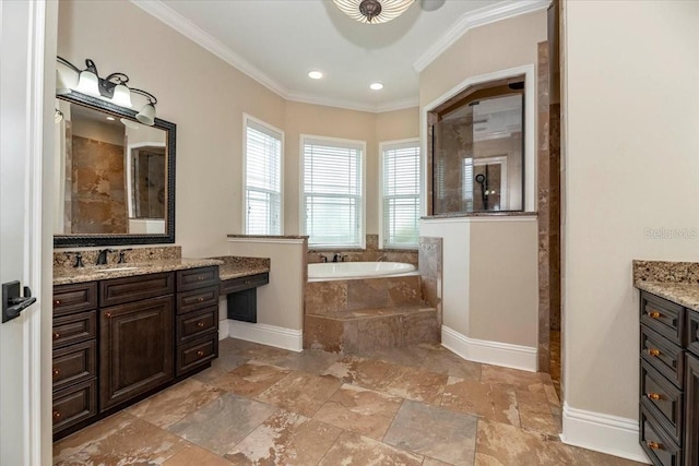 6357 Ashley Dr, Lakeland, FL 33813 - full bath featuring baseboards, ornamental molding, vanity, a bath, and stone tile flooring