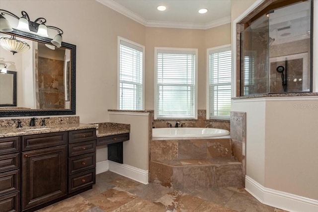 6357 Ashley Dr, Lakeland, FL 33813 - full bathroom featuring baseboards, a bath, vanity, tiled shower, and crown molding