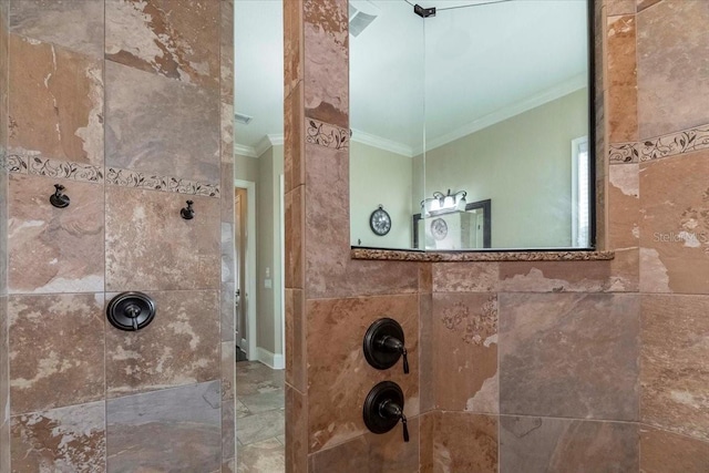 6357 Ashley Dr, Lakeland, FL 33813 - bathroom featuring ornamental molding and a walk in shower