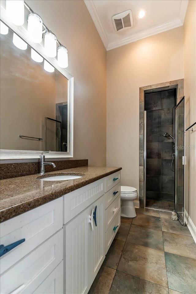 6357 Ashley Dr, Lakeland, FL 33813 - full bath with crown molding, vanity, toilet, a tile shower, and stone finish flooring