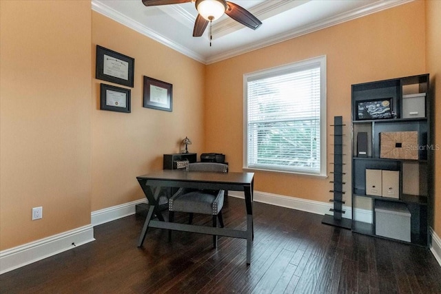 6357 Ashley Dr, Lakeland, FL 33813 - office with crown molding, dark wood finished floors, ceiling fan, and baseboards