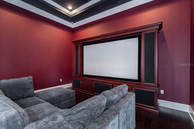 6357 Ashley Dr, Lakeland, FL 33813 - cinema room with baseboards, crown molding, and dark wood-style flooring